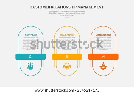 CRM customer relationship management infographic outline style with 3 point template with vertical round rectangle with horizontal title badge for slide presentation vector