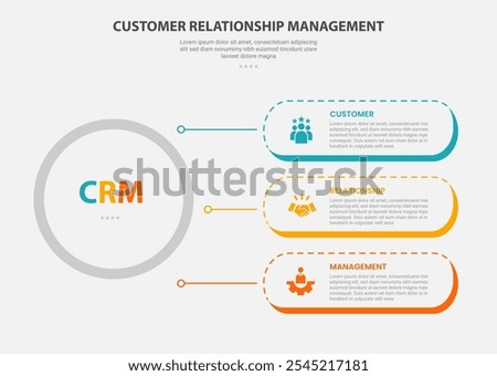 CRM customer relationship management infographic outline style with 3 point template with big circle and round rectangle container stack line connection for slide presentation vector