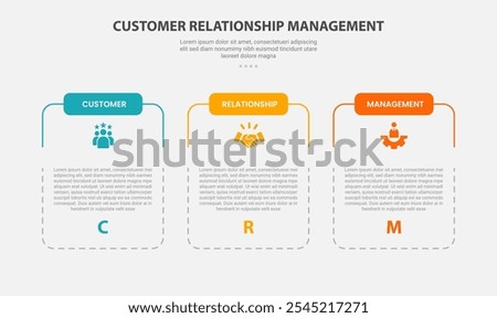 CRM customer relationship management infographic outline style with 3 point template with slice table box container with dotted line for slide presentation vector
