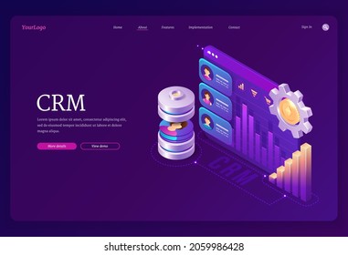 CRM, customer relationship management isometric landing page. Marketing strategies and technologies for manage and development client interactions, device screen with graphs, 3d Vector with web banner