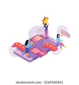 Gestión de relaciones con clientes CRM composición isométrica con iconos conceptuales de redes sociales con ilustraciones de vector de personas