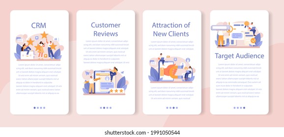 CRM or customer relationship management mobile application banner set. Client attracting and guiding. Customer experience and approval analysis. Marketing strategy. Flat vector illustration