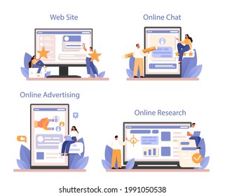 CRM, customer relationship management online service or platform set. Client attracting and guiding. Customer experience analysis. Online research, chat, advertising, website. Flat vector illustration