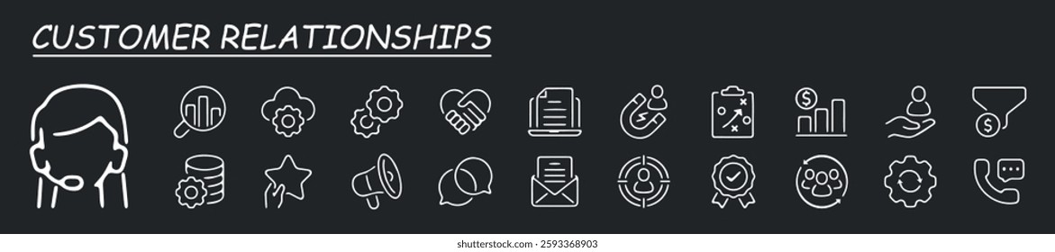 CRM customer relationship management outline icon isolated on grey background flat vector illustration.