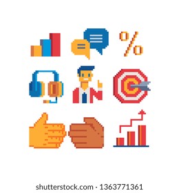 CRM, Customer Relationship Management  pixel art 8-bit icon set, consultant, message, growth chart, handshake, target, design for logo, app, web, sticker. Isolated 80s abstract vector illustration.