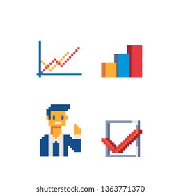 CRM, Customer Relationship Management  pixel art 8-bit icon set, consultant, growth chart, design for logo, app, web, sticker. Isolated 80s abstract vector illustration