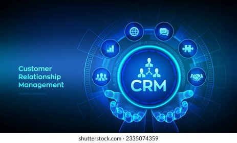 CRM. Customer Relationship Management. Customer service and relationship. Enterprise Communication and planning concept on virtual screen. Robotic hand touching digital interface. Vector illustration.