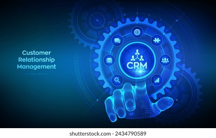 CRM. Customer Relationship Management. Customer service and relationship. Enterprise Communication. Wireframe hand touching digital interface with connected gears cogs and icons. Vector illustration.