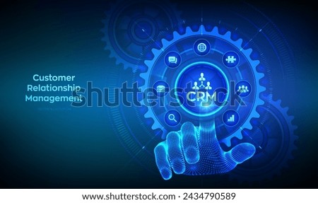 CRM. Customer Relationship Management. Customer service and relationship. Enterprise Communication. Wireframe hand touching digital interface with connected gears cogs and icons. Vector illustration.