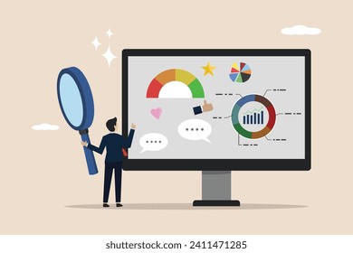 CRM customer relationship management software, marketing communication strategy, client analysis, social listening or interaction concept, business people working on CRM software with information.