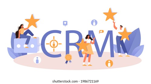 encabezado tipográfico CRM o de gestión de relaciones con el cliente. El cliente atrae y guía. Análisis de la experiencia y aprobación del cliente. Estrategia de marketing. Ilustración vectorial plana