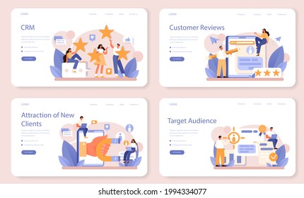 CRM or customer relationship management web banner or landing page set. Client attracting and guiding. Customer experience and approval analysis. Marketing strategy. Flat vector illustration