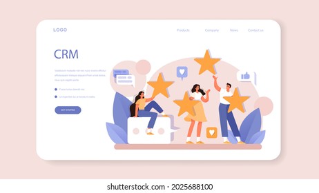 CRM oder Kundenbeziehungsmanagement Web-Banner oder Landing-Seite. Der Kunde zieht und leitet. Kundenerfahrung und Genehmigungsanalyse. Marketingstrategie. Flache Vektorgrafik