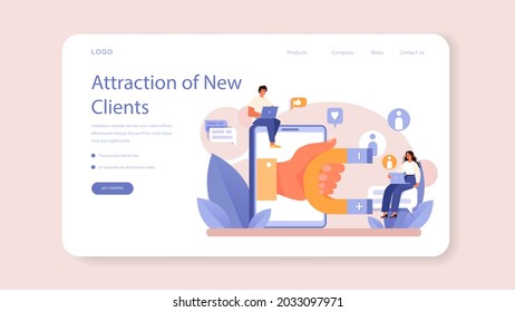 CRM or customer relationship management web banner or landing page. Client attracting and guiding. Customer experience and approval analysis. Marketing strategy. Flat vector illustration