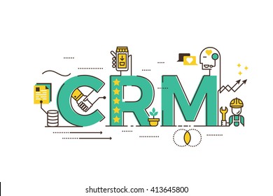 CRM : Customer relationship management word lettering typography design illustration with line icons and ornaments in green theme