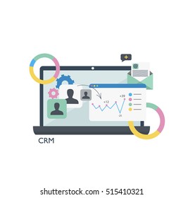 CRM. Customer Relationship Management.Laptop Tables And Graphs.Flat Vector Illustration