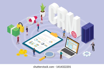 Crm Customer Relationship Manager Concept With Team People And Financial Admin Data With Isometric Modern Flat Style - Vector