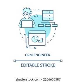 CRM Engineer Turquoise Concept Icon. Customer Relationship. Software Engineer Path Abstract Idea Thin Line Illustration. Isolated Outline Drawing. Editable Stroke. Arial, Myriad Pro-Bold Fonts Used