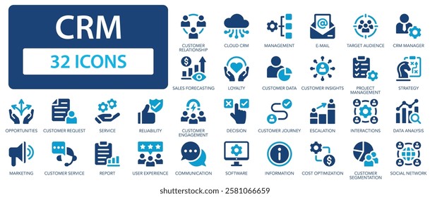 CRM flat icons collection. Customer relationship management. Management, data, manager, service, customer request, strategy, report sign set.