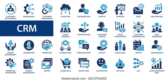 CRM flat icons set. Customer relationship management. Management, data, manager, service, customer request, strategy icons and more signs. Flat icon collection.