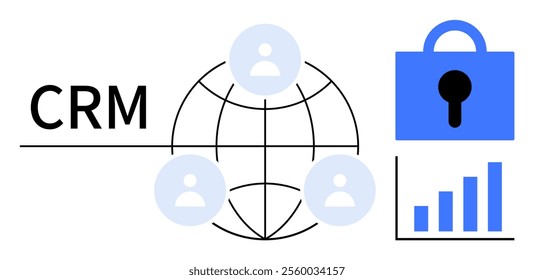 CRM with a globe three user icons a blue lock and a bar graph. Ideal for customer relations data security user management analytics and network connections. Digital business flat design