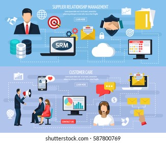 CRM horizontal flat banners with supplier relationship management and customer care on pastel backgrounds isolated vector illustration