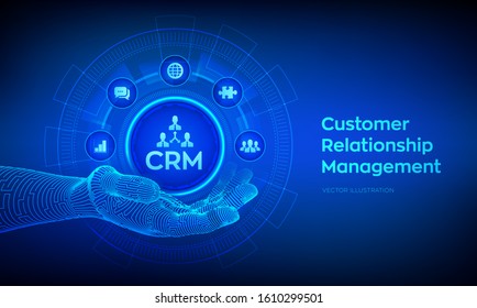 CRM icon in robotic hand. Customer Relationship Management. Customer service and relationship. Vector illustration.