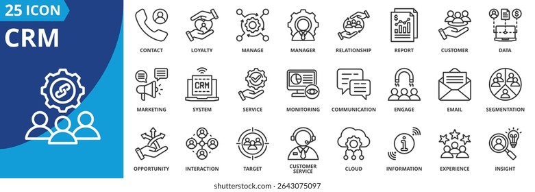 crm icon set collection in outline style. an icon pack contain customer, relationship, manage, loyalty, contact, data, report