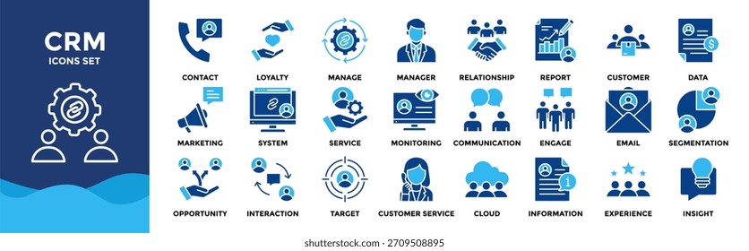 CRM icon set collection. an icon pack contain customer, relationship, manage, loyalty, contact, data, report