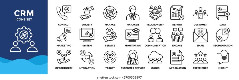COLECCIÓN de conjunto de iconos de CRM. un paquete de iconos contiene Cliente, relación, administrar, lealtad, contacto, datos, informe