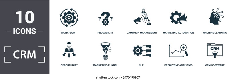 Crm Icon Set. Contain Filled Flat Machine Learning, Marketing Automation, Predictive Analytics, Probability, Umbrella, Anchor Icons. Editable Format.