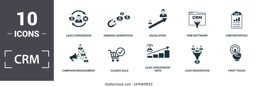 Crm icon set. Contain filled flat campaign management, closed sale, crm reporting, crm software, demand generation, escalation, lead conversion, lead conversion rate icons. Editable format.