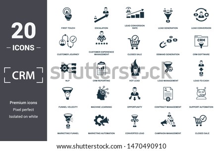 Crm icon set. Contain filled flat campaign management, closed sale, converted lead, crm software, customer journey, demand generation, first touch icons. Editable format.