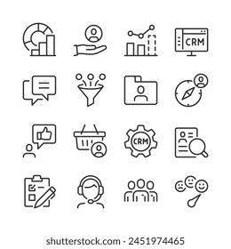 CRM, icon set. Customer Relationship Management icons. Analysis and Forecasting Chart, Customer Data, Staff Management, Metrics, Support, Marketing. Business Optimization. Line with editable stroke