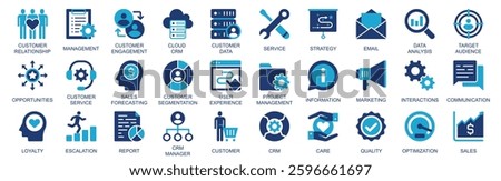 CRM icon set in flat duotone solid icons web design. Pack pictograms with customer relationship, management, engagement, cloud, service, strategy, email, data analysis, other. Vector illustration.