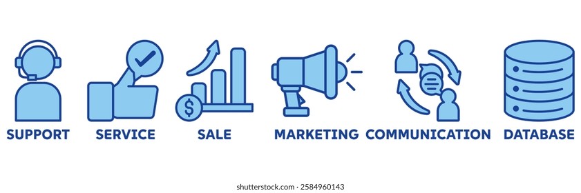 CRM icon set illustration concept with icon of support, service, sale, marketing, communication, database