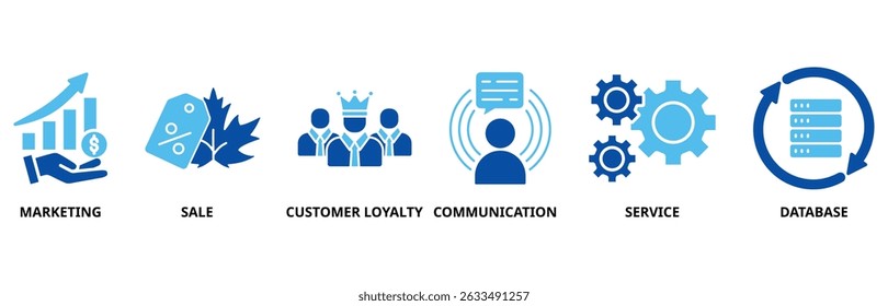 CRM icon set illustration contain marketing, sale, customer loyalty, communication, service and database.