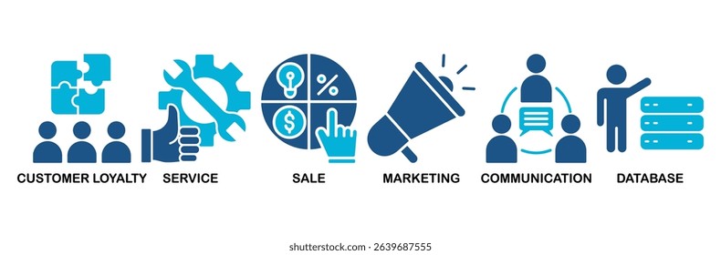 CRM icon set vector illustration concept for customer relationship management with icon of customer loyalty, service, sale, marketing, communication, and database