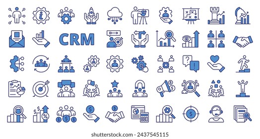 Iconos CRM en diseño de línea, azul. Sistema de CRM, software de CRM, negocios, estadísticas, trato, dinero, equipo, estrategia, crecimiento, gerente, finanzas aisladas en el vector de fondo blanco. Iconos de trazo editables de CRM.