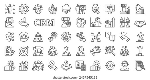 CRM-Symbole im Liniendesign. CRM-System, CRM-Software, Geschäft, Statistik, Deal, Geld, Team, Strategie, Wachstum, Manager, Finanzen isoliert auf weißem Hintergrund Vektor. CRM-bearbeitbare Strichsymbole.