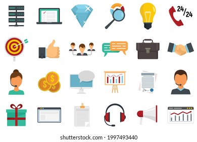 CRM icons set. Flat set of CRM vector icons isolated on white background