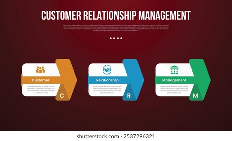CRM infographic template with big box and creative arrow through shape with dark background style with 3 point for slide presentation vector