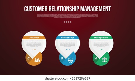 CRM Infografik Vorlage mit großen runden Kreis Wasserblase mit dunklem Hintergrund Stil mit 3 Punkt für Folie Präsentation Vektor