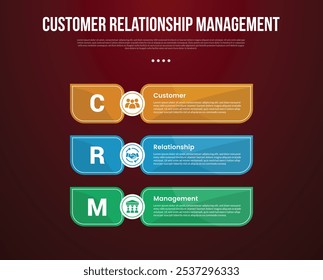 CRM infographic template with big sharp rectangle container vertical stack with dark background style with 3 point for slide presentation vector