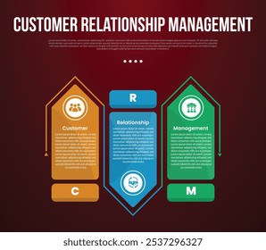 CRM infographic template with big table with big rectangle arrow up and down with outline circular with dark background style with 3 point for slide presentation vector