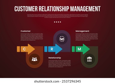 CRM infographic template with big table with big arrow right direction on horizontal line with dark background style with 3 point for slide presentation vector