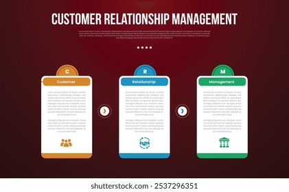 CRM infographic template with big table box with creative half circle at top with dark background style with 3 point for slide presentation vector