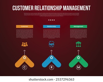 Modelo de infográfico CRM com seta criativa forma direção superior com estilo de fundo escuro com 3 pontos para apresentação de slide vetor