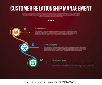 CRM infographic template with creative circle connection and linked vertical stack with dark background style with 3 point for slide presentation vector