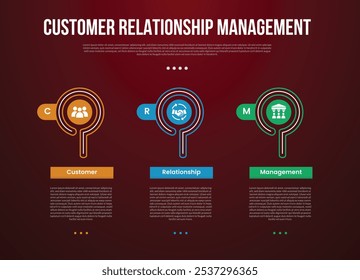 Modelo infográfico do CRM com contorno do círculo criativo e caixa retangular redonda com estilo de fundo escuro com 3 pontos para vetor de apresentação de slide